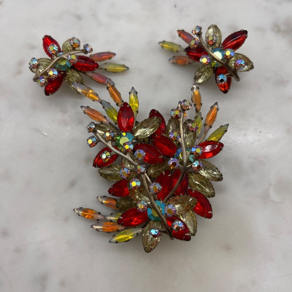 3" Floral Spray Brooch & Earrings with Red Rhinestones and Aurora Borealis